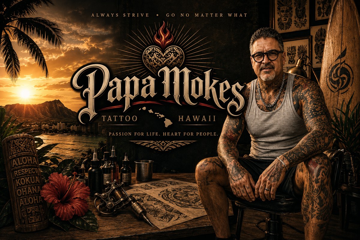 Papa Mokes Tattoo Hawaii — Kevin Mokuahi seated in studio, Diamond Head sunset, ALOHA RESPECT KOKUA OHANA tiki — Passion for life. Heart for people.