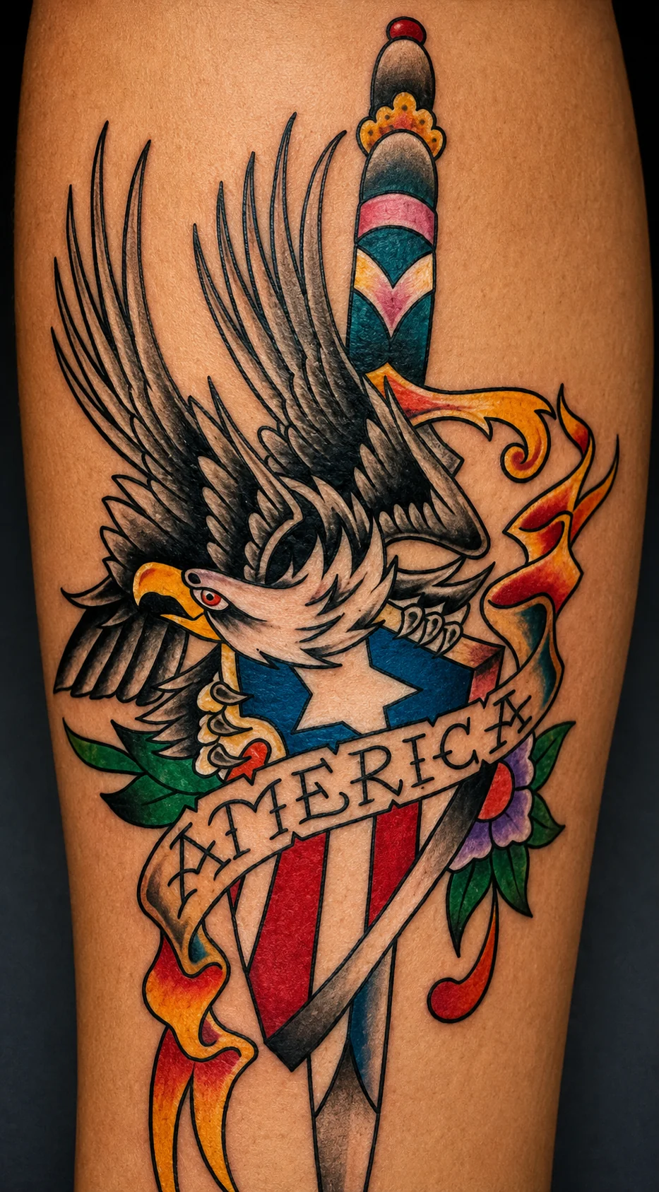 American Traditional color tattoo by Kevin Mokuahi — bald eagle with a dagger, American flag, and AMERICA banner with green leaves and flame