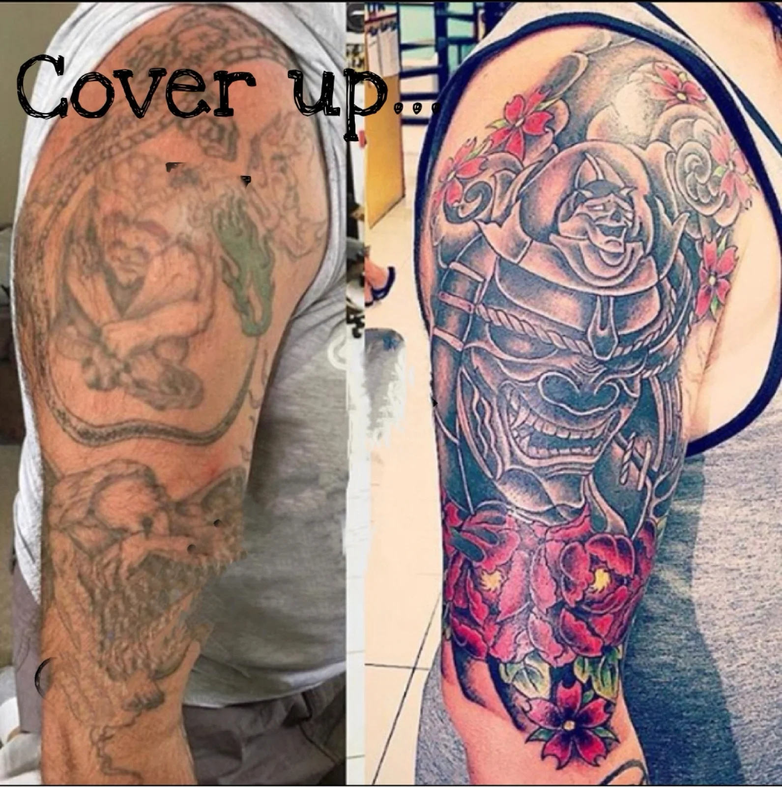 Samurai mask cover-up over an aged gargoyle piece by Kevin Mokuahi