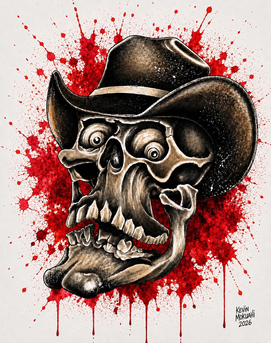 Cowboy skull flash painting by Kevin Mokuahi 2026 — wide-eyed sepia skull in cowboy hat against a red blood-spatter background, signed lower right