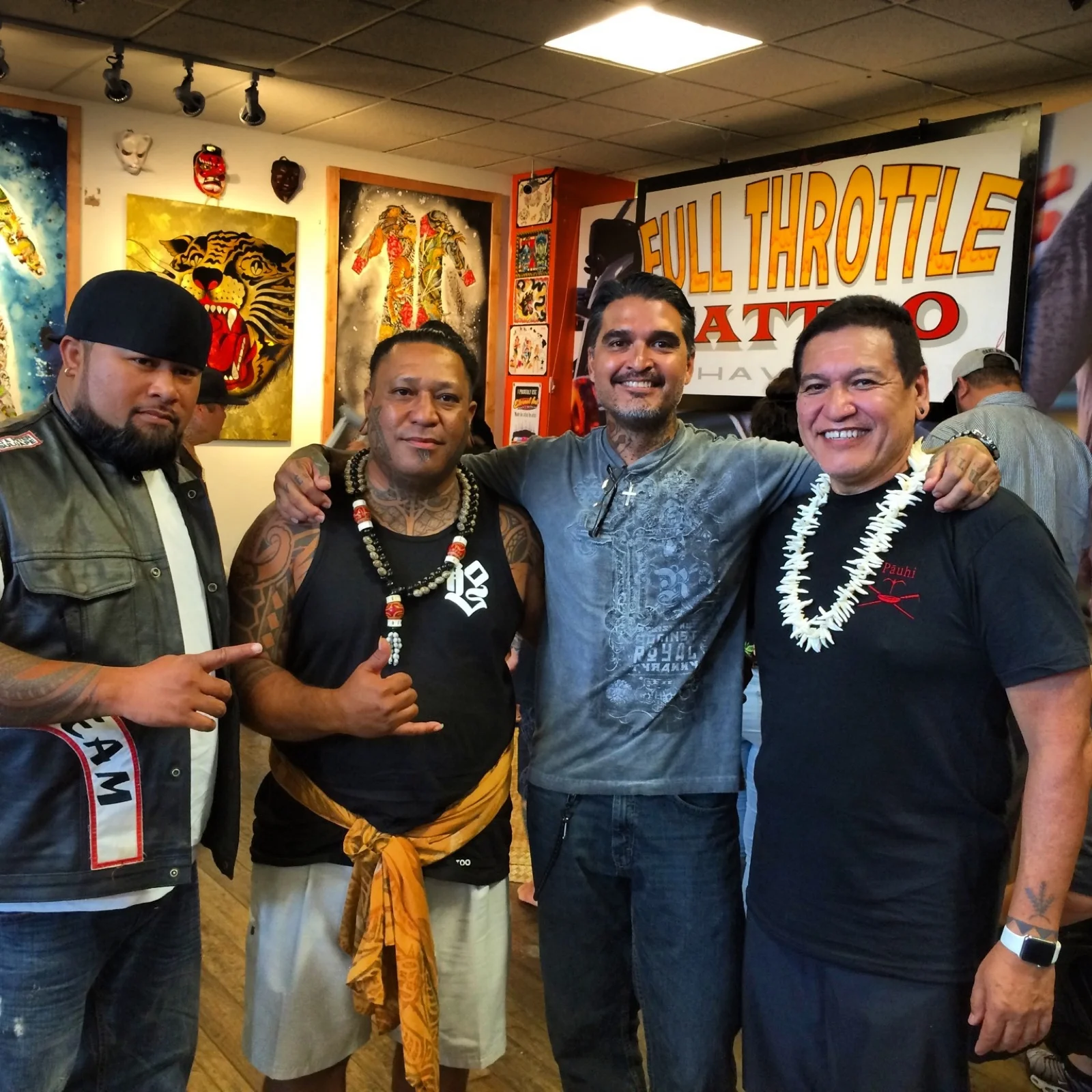Kevin Mokuahi with the Suluape brothers at Full Throttle Tattoo, Hawaii