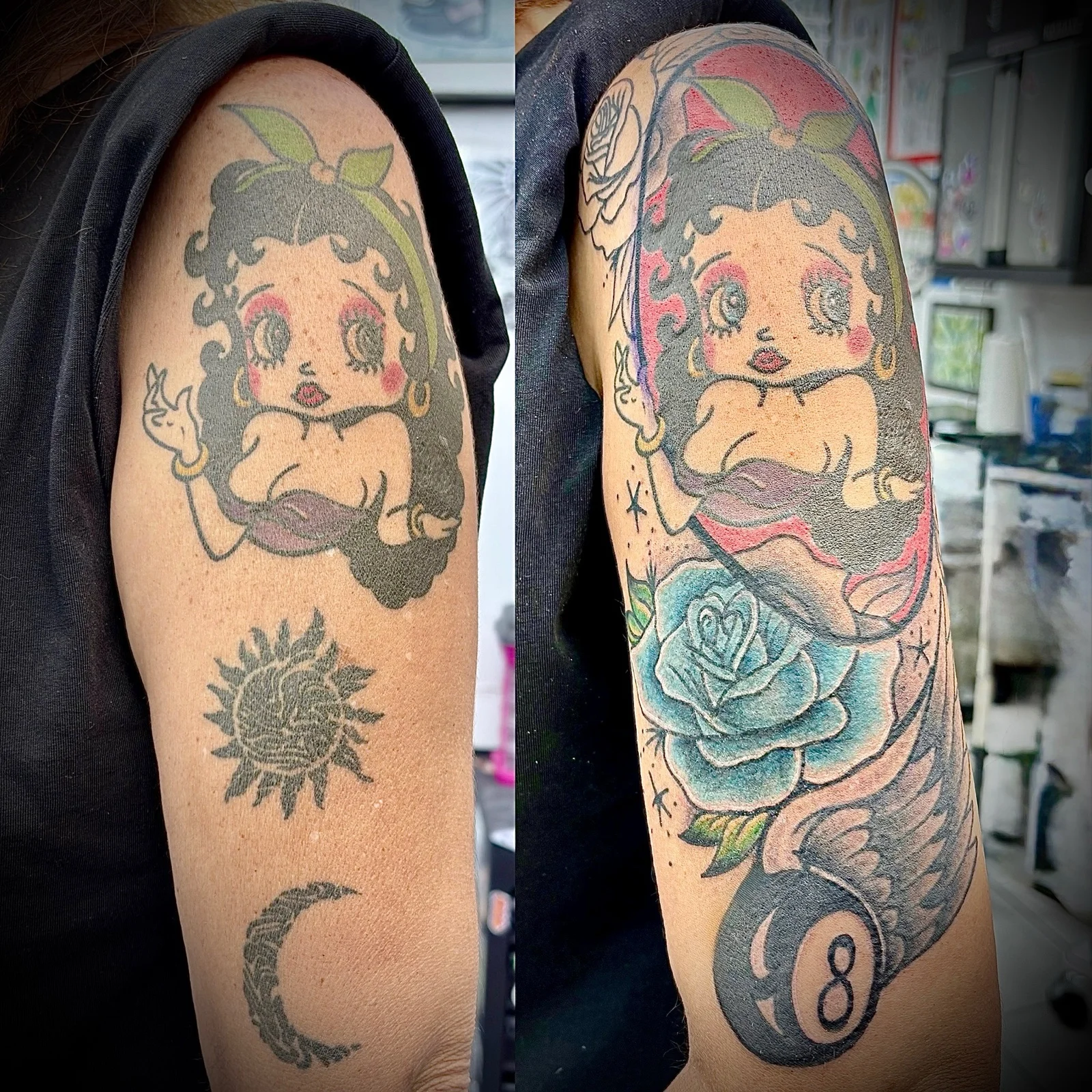 Before-and-after cover-up by Kevin Mokuahi on his partner — aged Betty Boop refreshed with rose, 8-ball, and saturated color