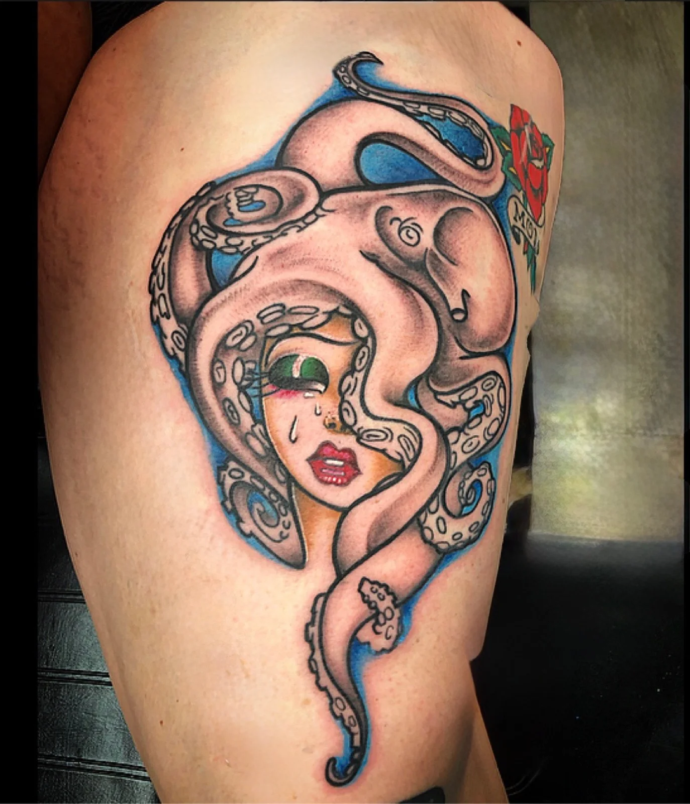 Octopus girl thigh tattoo by Kevin Mokuahi