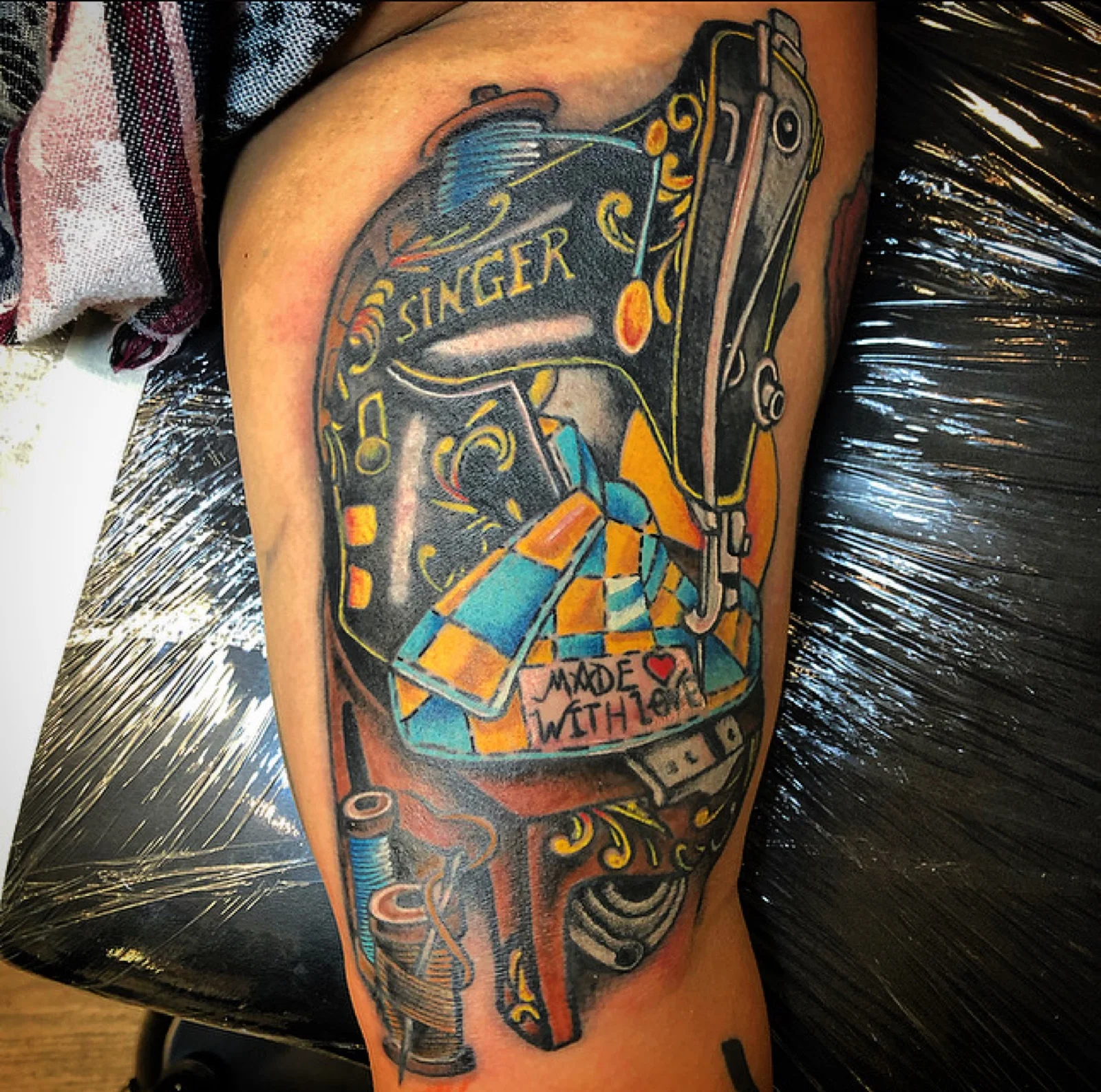 Singer sewing machine — made with love — color tattoo by Kevin Mokuahi
