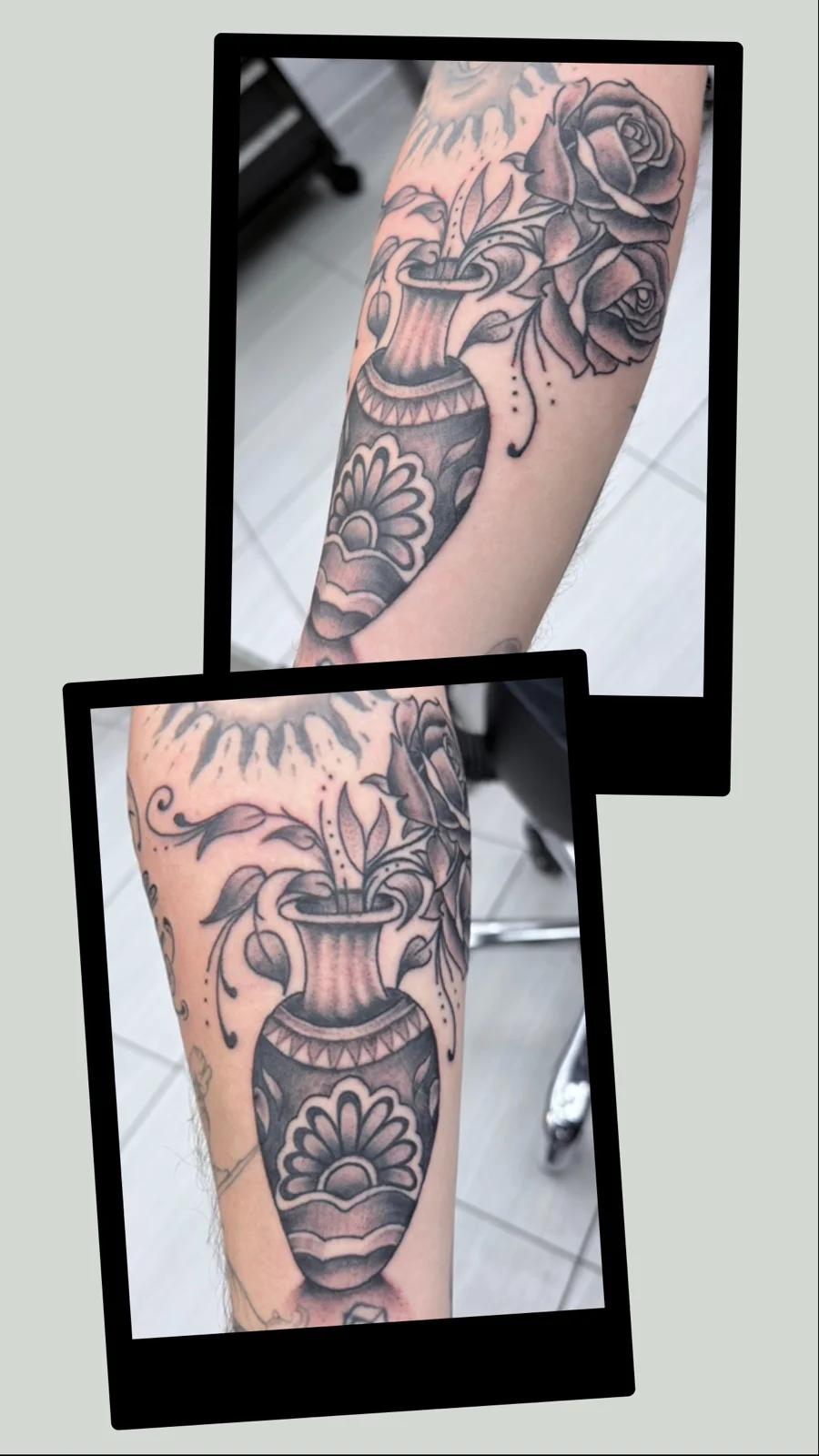 A recent black-and-grey traditional vase with roses tattoo by Kevin Mokuahi — two-angle composition