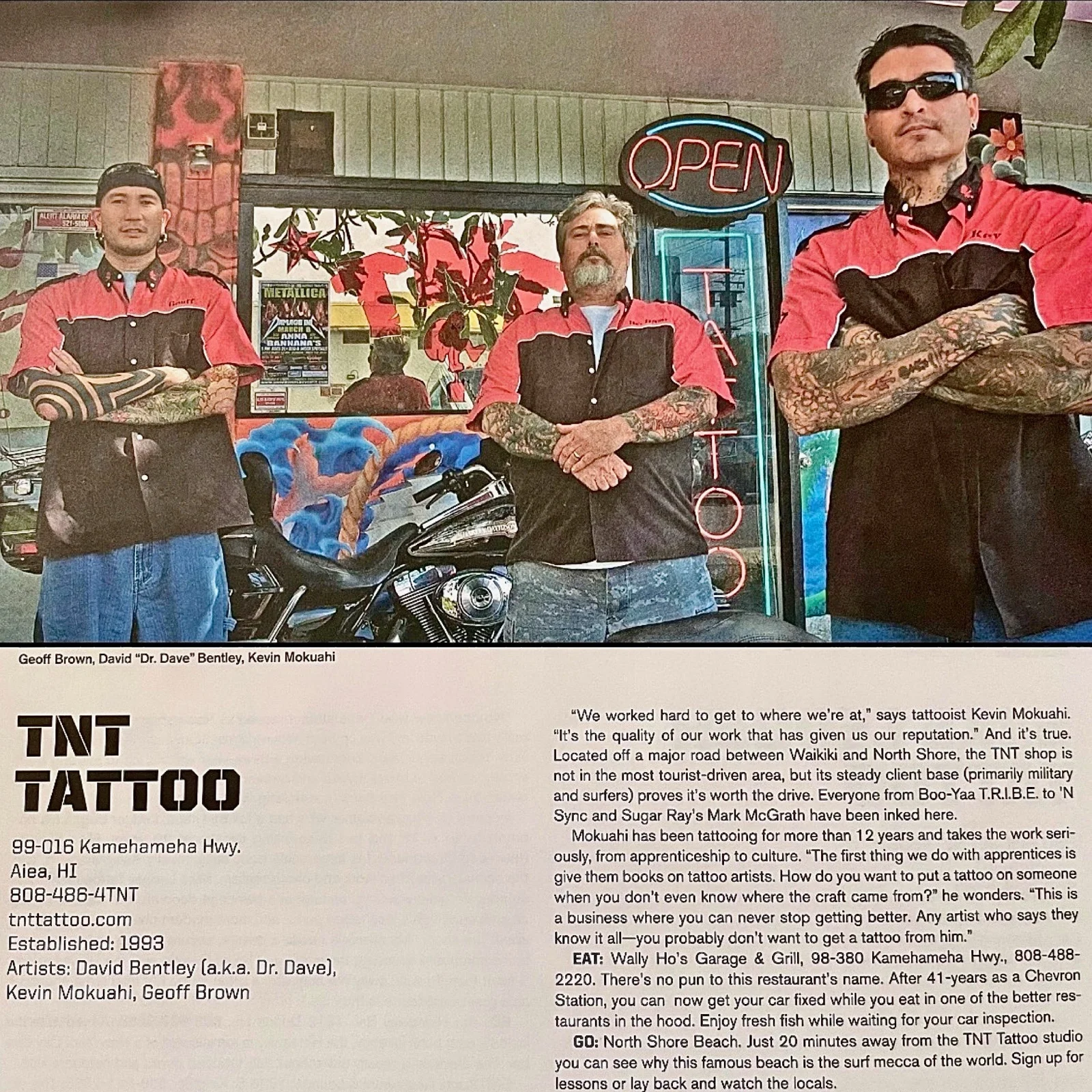 TNT Tattoo magazine spread — Geoff Brown, Dr. Dave Bentley, and Kevin Mokuahi in the early TNT years